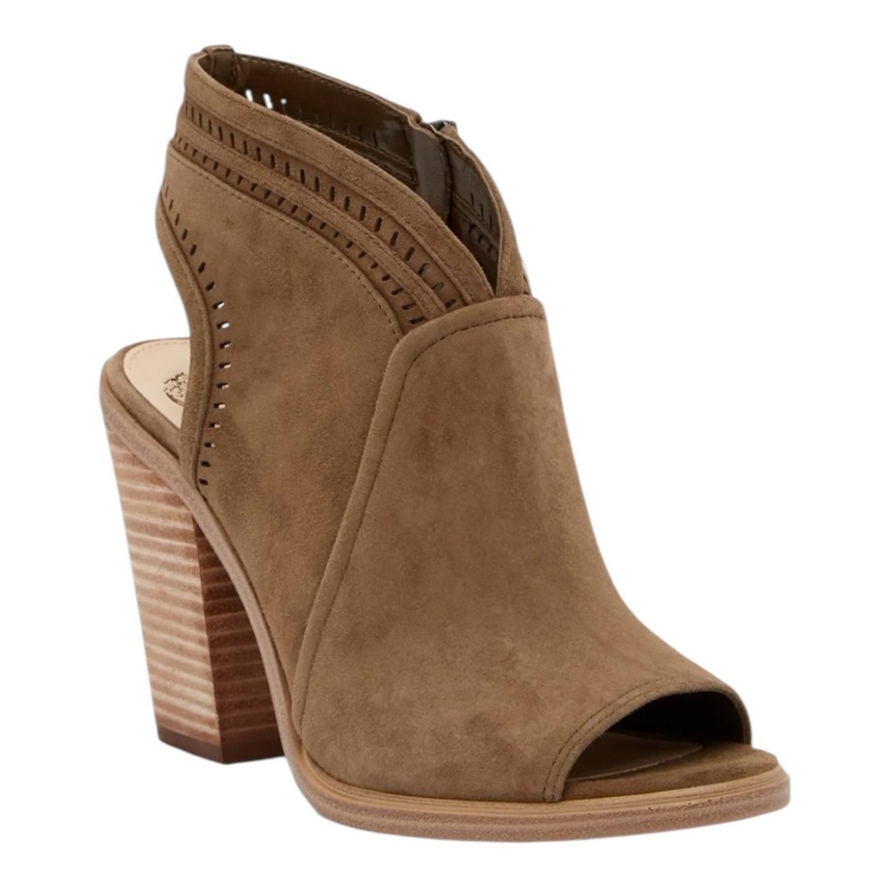 Vince Camuto Koral Tan Heeled Leather Booties with Peep-Toe Design 9.5
